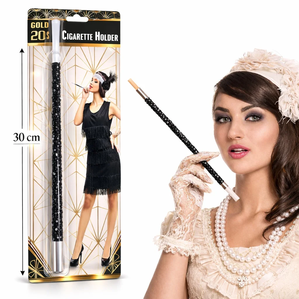 30 cm Siyah Payetli Sigara Tutacağı – 1920’ler Gatsby Parti Aksesuarı