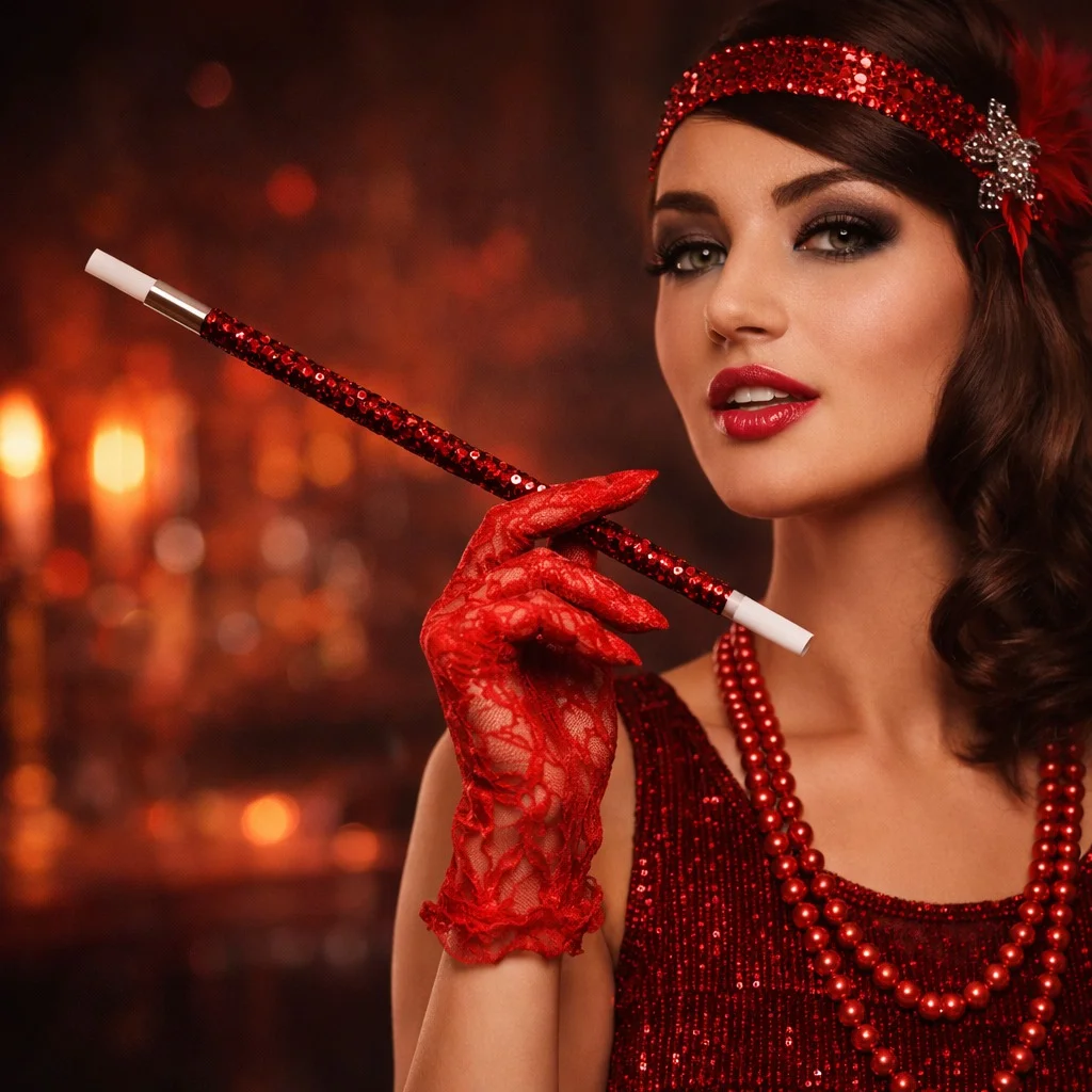 30 cm Kırmızı Payetli Sigara Tutacağı – 1920’ler Gatsby Parti Aksesuarı