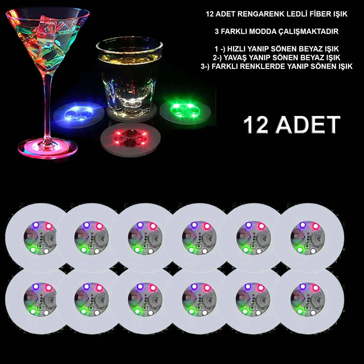 Renkli LED Işıklı Bardak Altlığı - Dekoratif (12 Adet, Pilli)