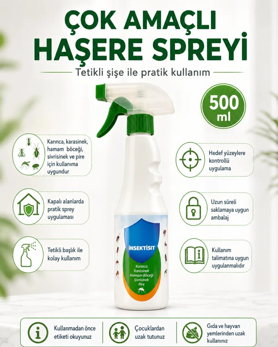 Çok Amaçlı Haşere Spreyi 500 ml Tetikli Şişe Karınca Karasinek Sivrisinek Hamam Böceği ve Pire İçin