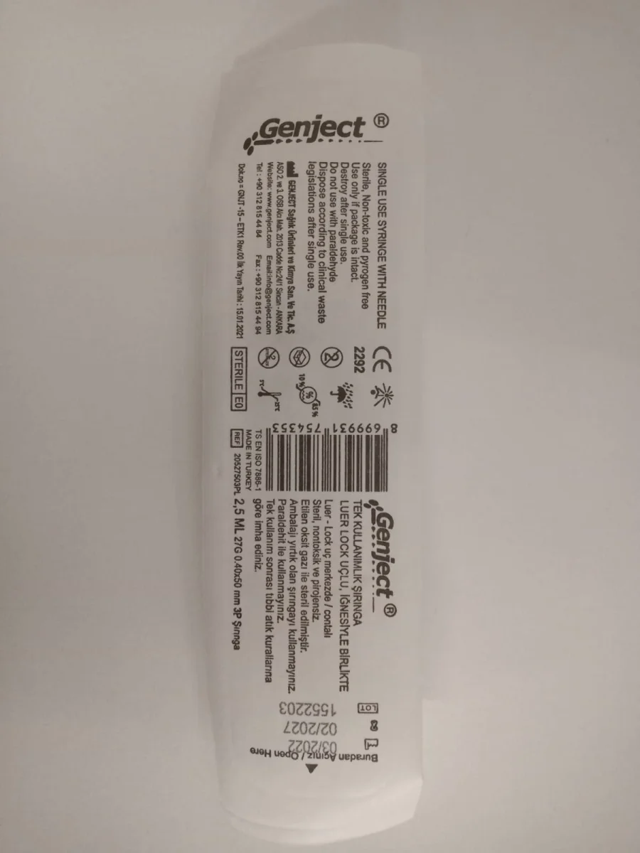 Dental Luer Lock Enjektör 2,5 ML- 27G /50 mm 3P Şırınga