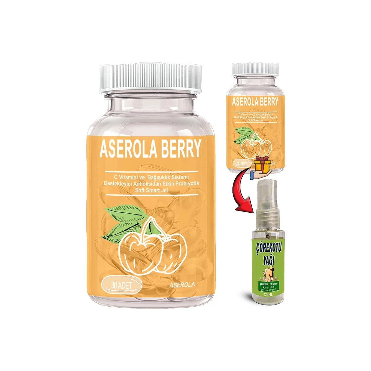 Aserola Berry 2 Ad Aserola Ekstratlı C Vitaminli Probiyotik 30lu Soft Jel Kapsüller + Çörek Otu Yağı