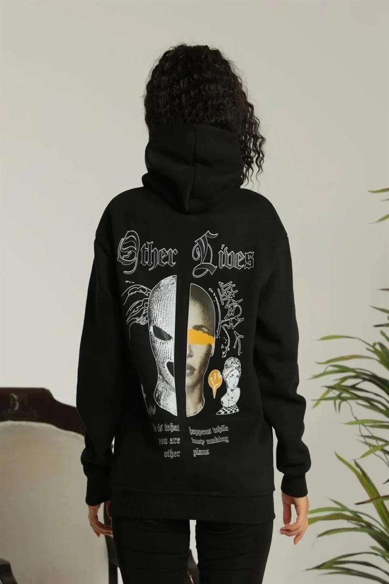 Kadın Oversize Kapüşonlu Cepli Baskılı 3 İplik Pamuklu Hoodie Sweatshirt - Siyah