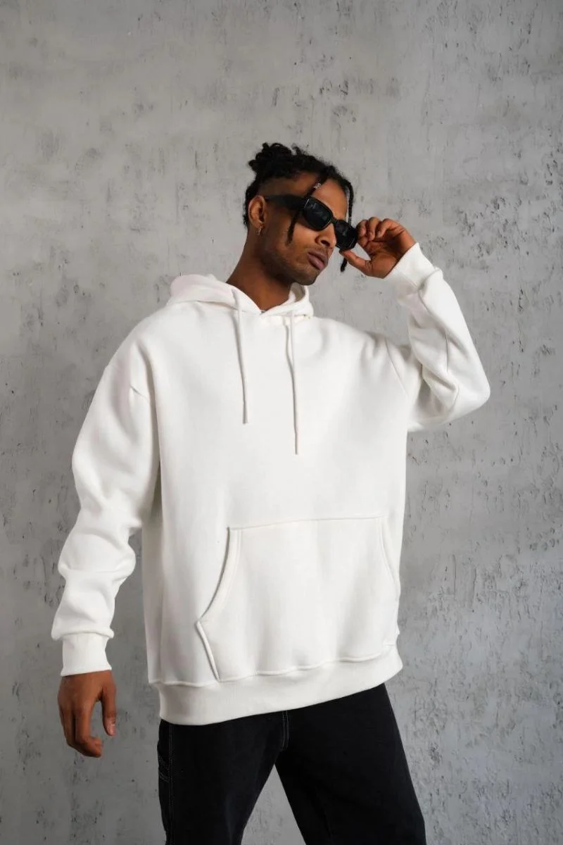 Erkek 3 İplik Pamuklu Kapüşonlu Kanguru Cepli SweatShirt hoodie - Beyaz