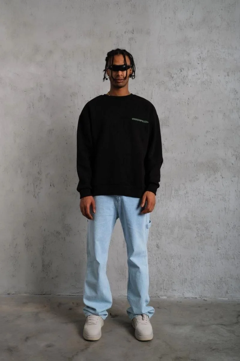 Erkek Bisiklet Yaka Baskılı 3 iplik pamuklu Sweatshirt - Siyah