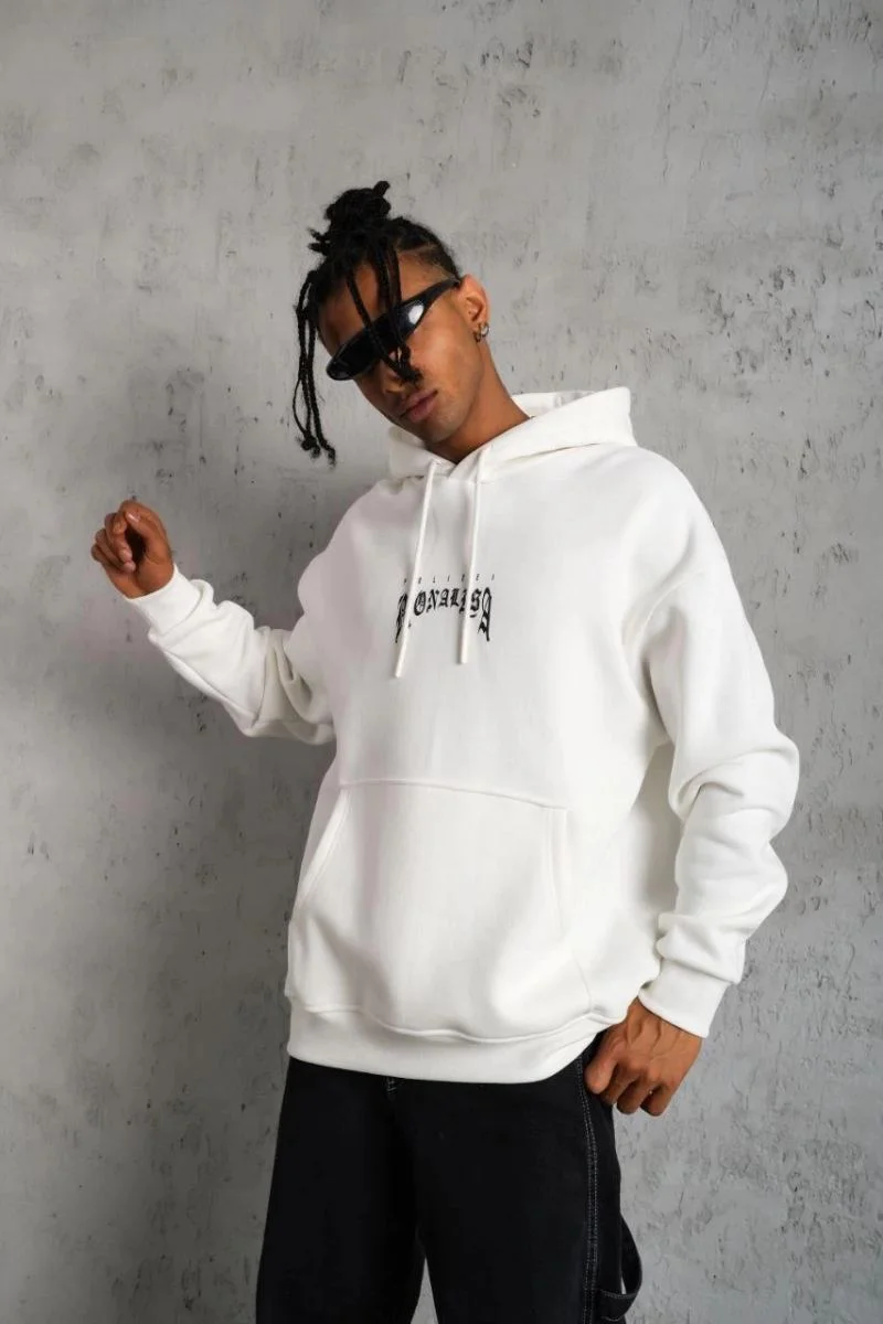 Erkek Baskılı Kapüşonlu ve Kanguru Cepli Sweatshirt hoodie - Beyaz