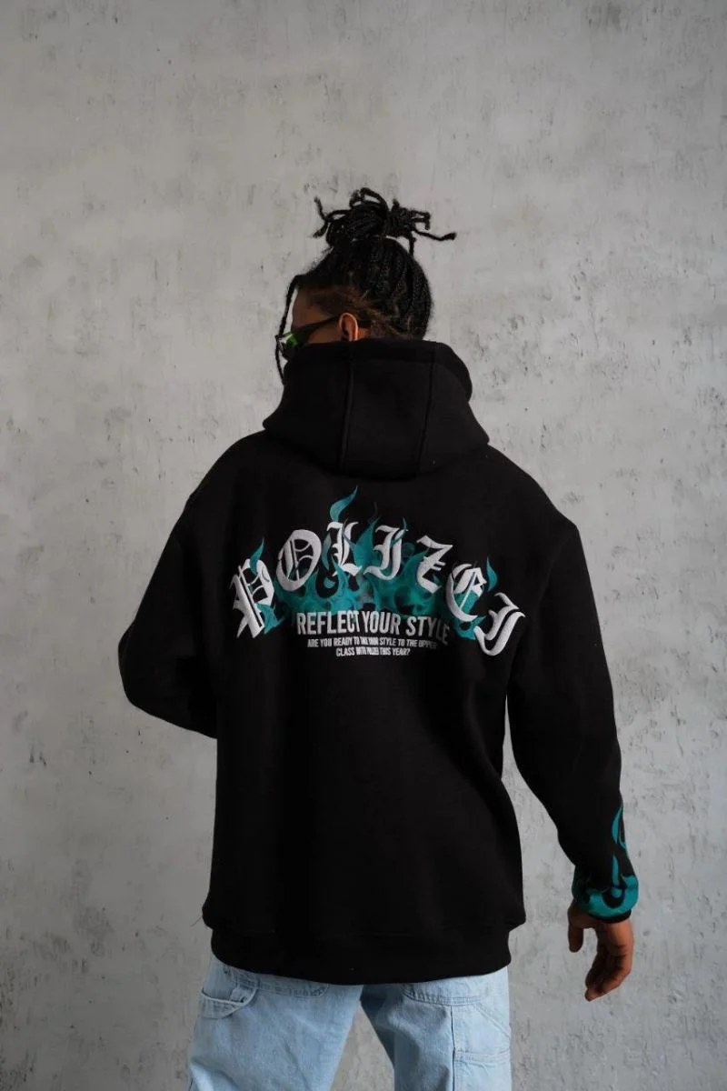 Erkek 3 İplik Pamuklu Alev Baskılı Kapüşonlu hoodie Sweatshirt - Siyah