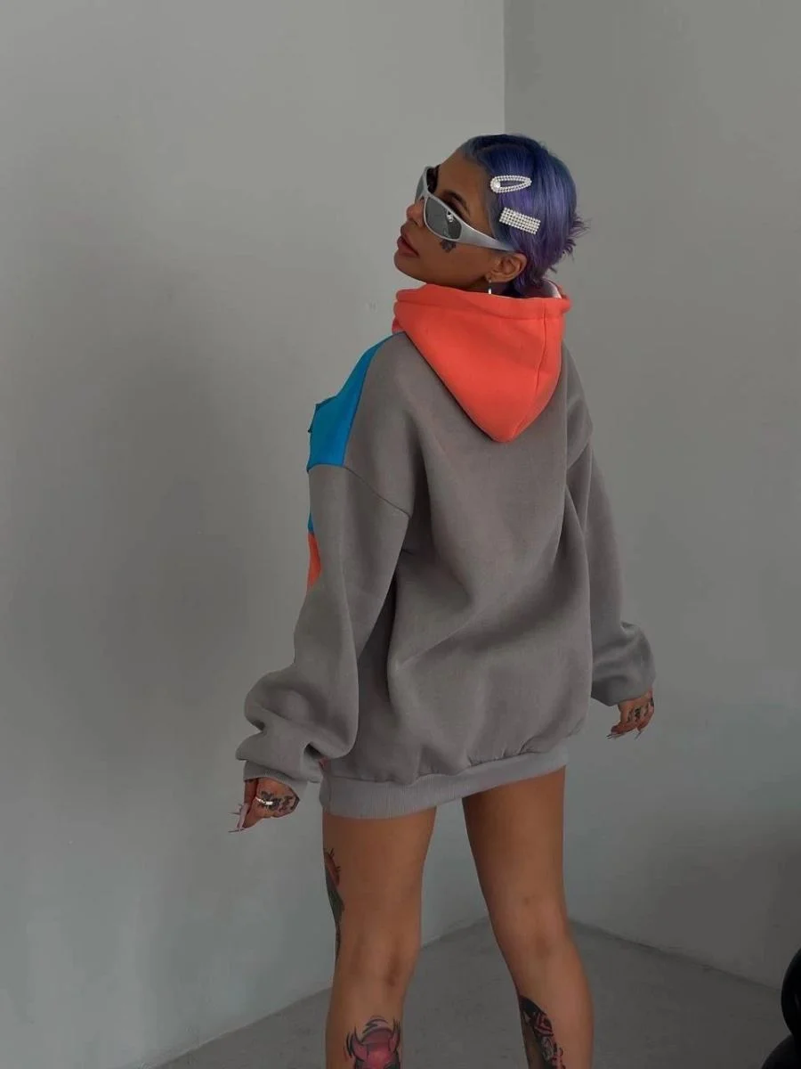 Kadın W Nakış İşlemeli Kapüşonlu 3 iplik pamuklu Parçalı Sweatshirt Hoodie - Mavi