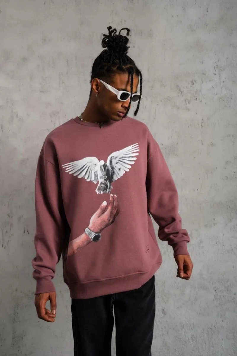 Erkek Güvercin Baskılı Bisiklet Yaka Sweatshirt 3 iplik pamuklu - Gül Kurusu