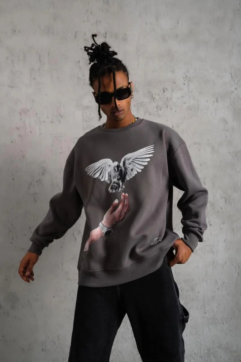 Erkek Güvercin Baskılı 3 iplik pamuklu Bisiklet Yaka Sweatshirt - Gri