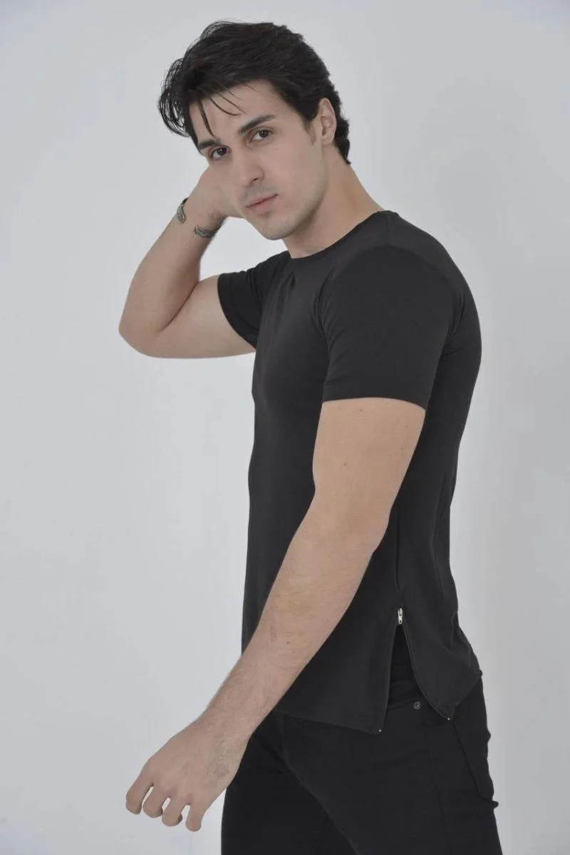 Erkek Yanlardan Fermuarlı T-Shirt Kısa Kol Bisiklet Yaka Slimfit Tişört   - Siyah
