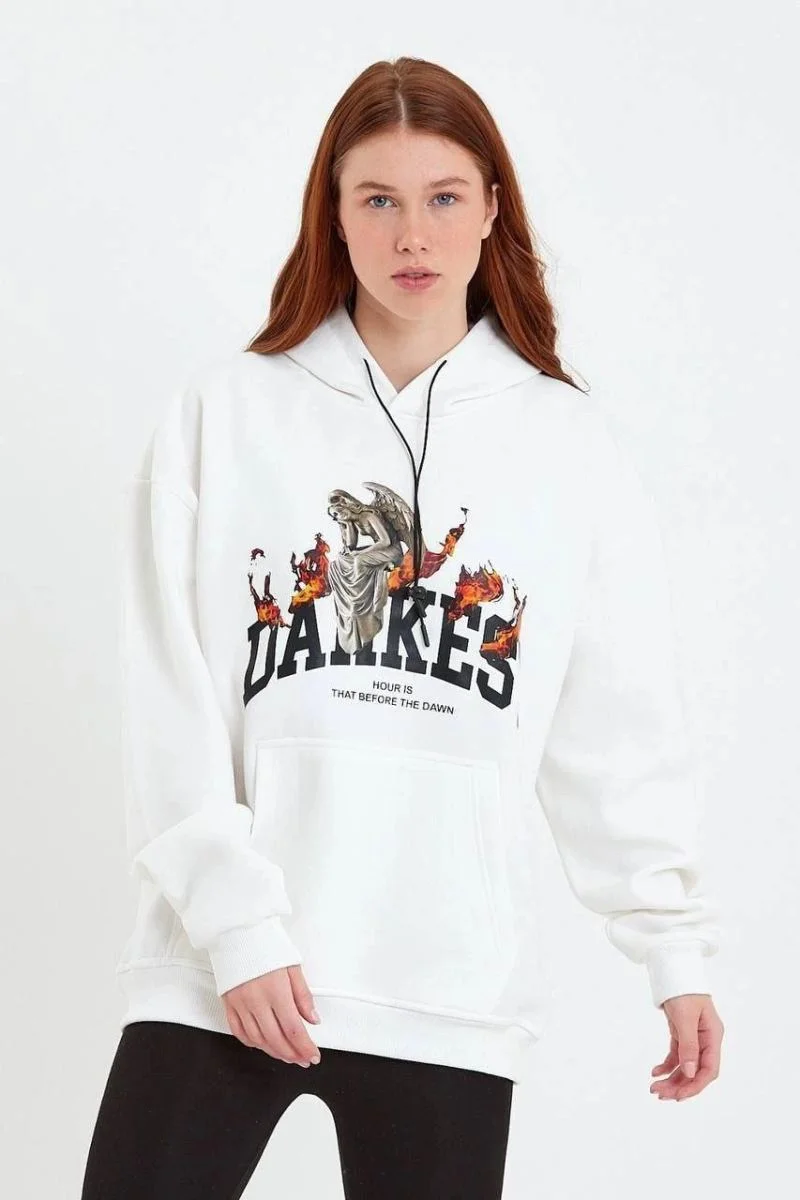 Kadın Oversize Kapüşonlu Cepli Baskılı 3 İplik Pamuklu Hoodie Sweatshirt - Beyaz