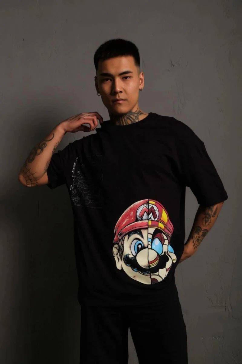 Erkek Mario Baskılı T-Shirt Oversize Kısa kol Bisiklet yaka tişort - Siyah