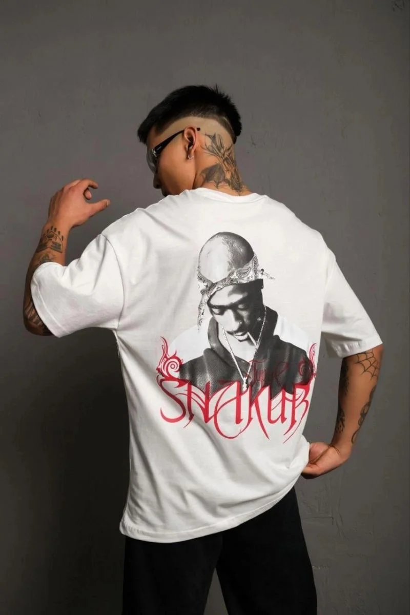 Erkek Baskılı T-Shirt Oversize Kısa kol Bisiklet yaka tişort - Beyaz