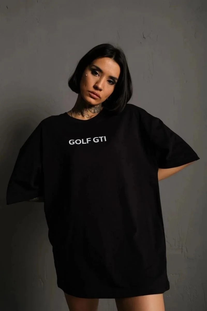 Kadın Oversize Tişört Golf GTI Retro Araba Baskılı T-shirt - Siyah