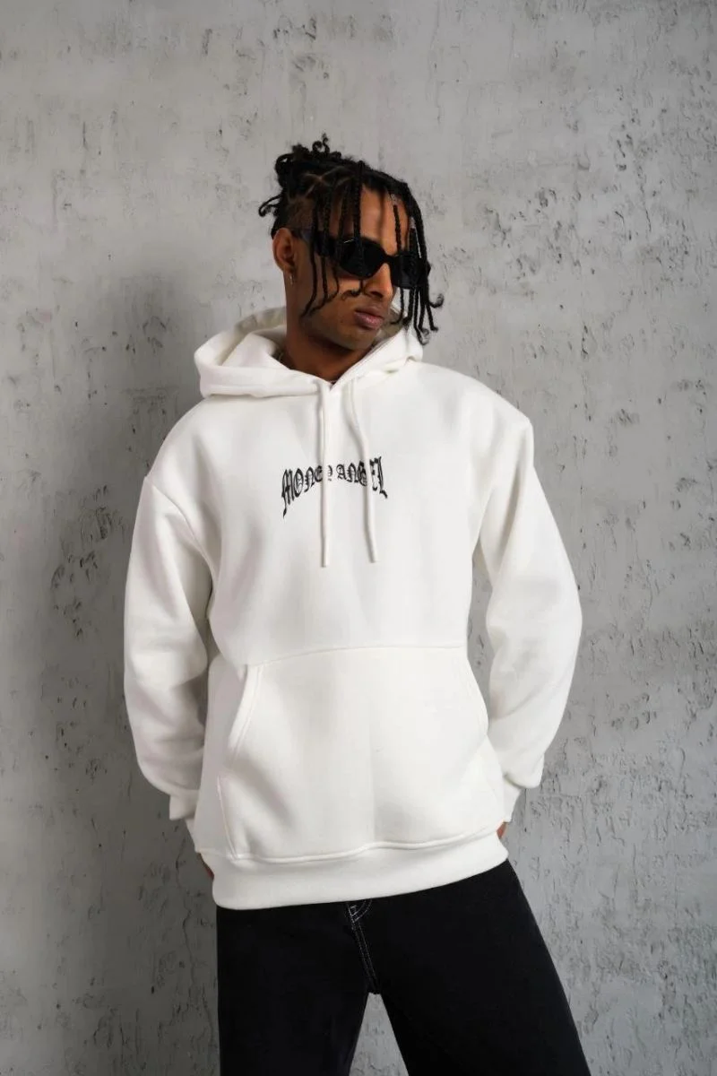 Erkek 3 İplik Pamuklu Baskılı Kapüşonlu Cepli Sweatshirt Hoodie - Beyaz