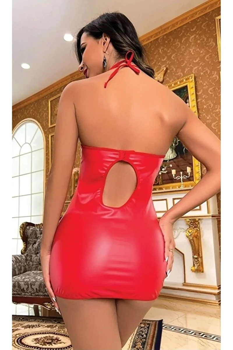 Kadın Seksi Lame Deri Halka Detaylı Dekolteli Fantezi Kostüm Elbise