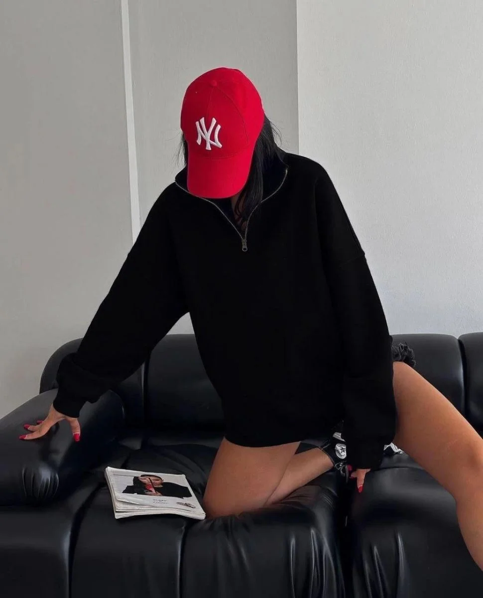 Kadın 3 İplik Pamuklu Oversize Yarım Fermuarlı Yakalı Basic Sweatshirt - Siyah
