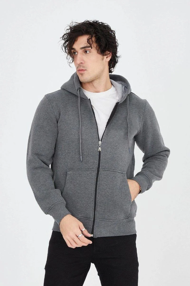 Erkek 3 İplik Pamuklu Fermuarlı Kapüşonlu Kanguru Cepli Hoodie Hırka Sweatshirt - Füme