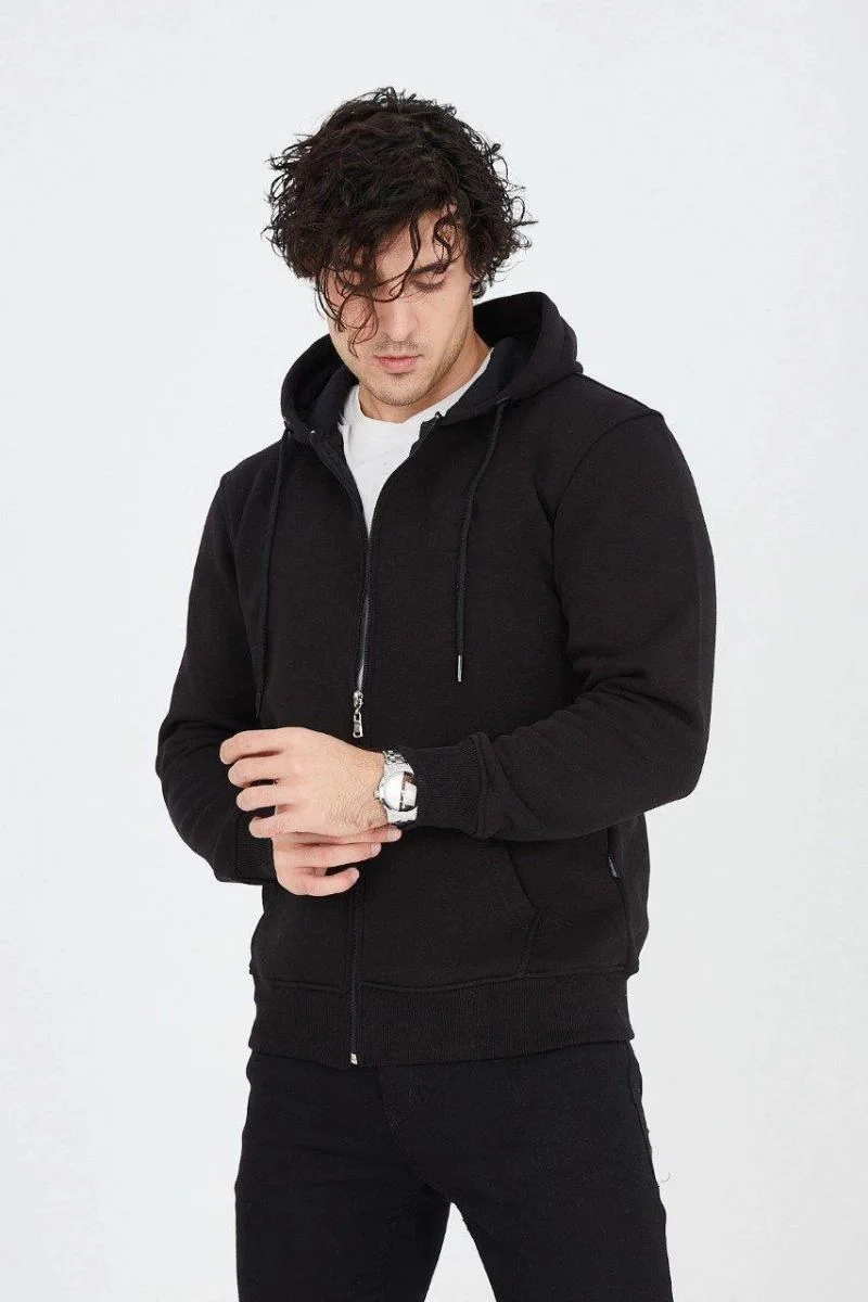 Erkek 3 İplik Pamuklu Fermuarlı Kapüşonlu Kanguru Cepli Hoodie Hırka Sweatshirt - Siyah