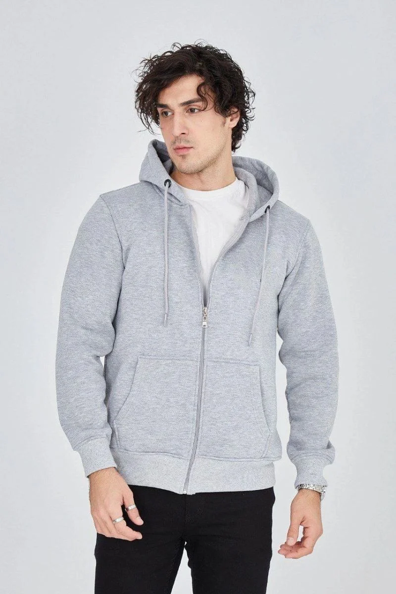 Erkek 3 İplik Pamuklu Fermuarlı Kapüşonlu Kanguru Cepli Hoodie Hırka Sweatshirt - Gri