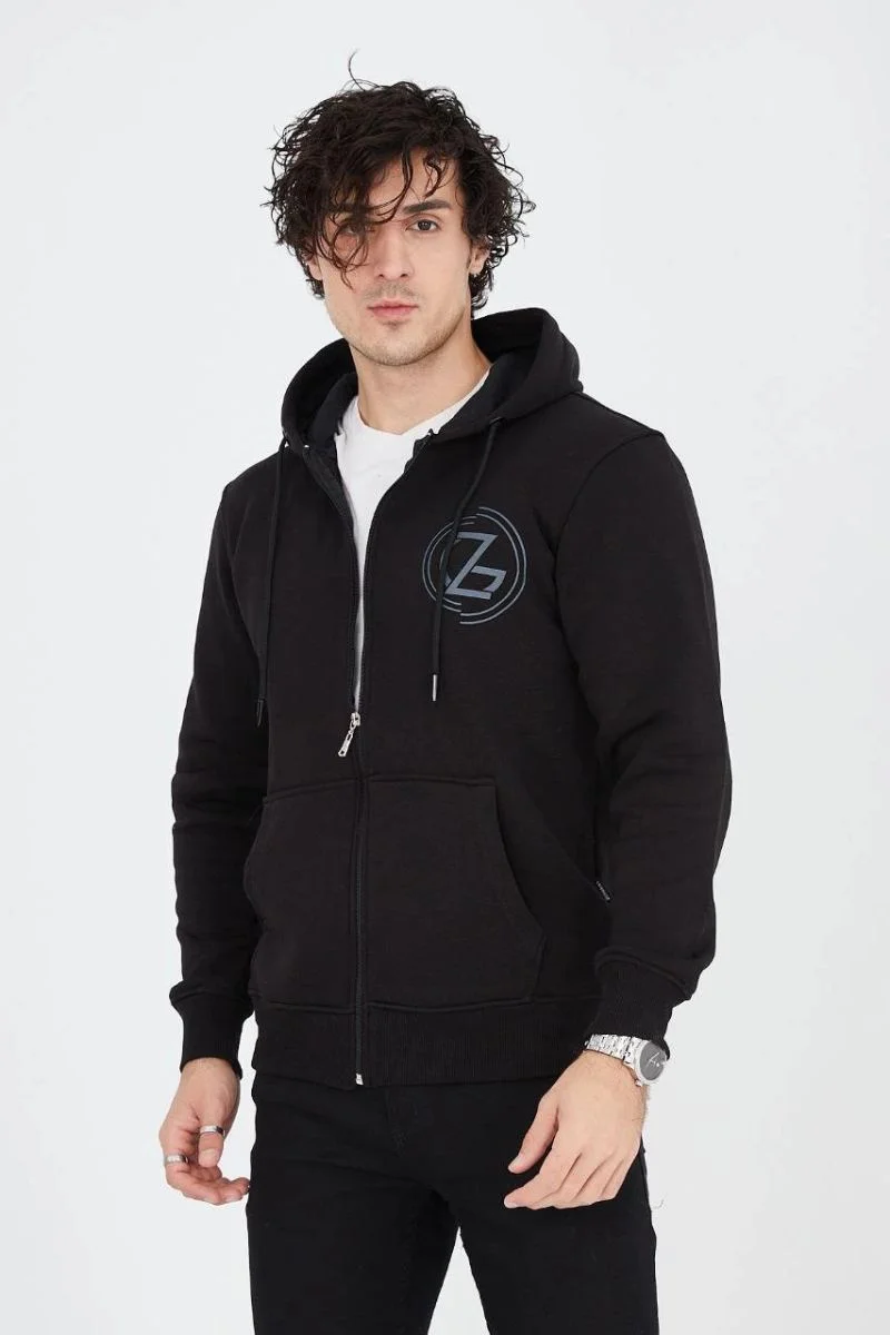 Erkek 3 İplik Pamuklu Fermuarlı Kapüşonlu Kanguru Cepli Baskılı Hoodie Hırka Sweatshirt - Siyah