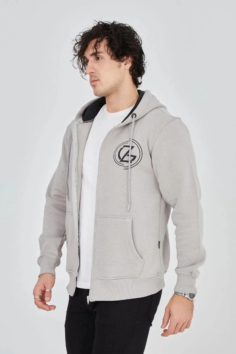 Erkek 3 İplik Pamuklu Fermuarlı Kapüşonlu Kanguru Cepli Baskılı Hoodie Hırka Sweatshirt - Boyalı Gri