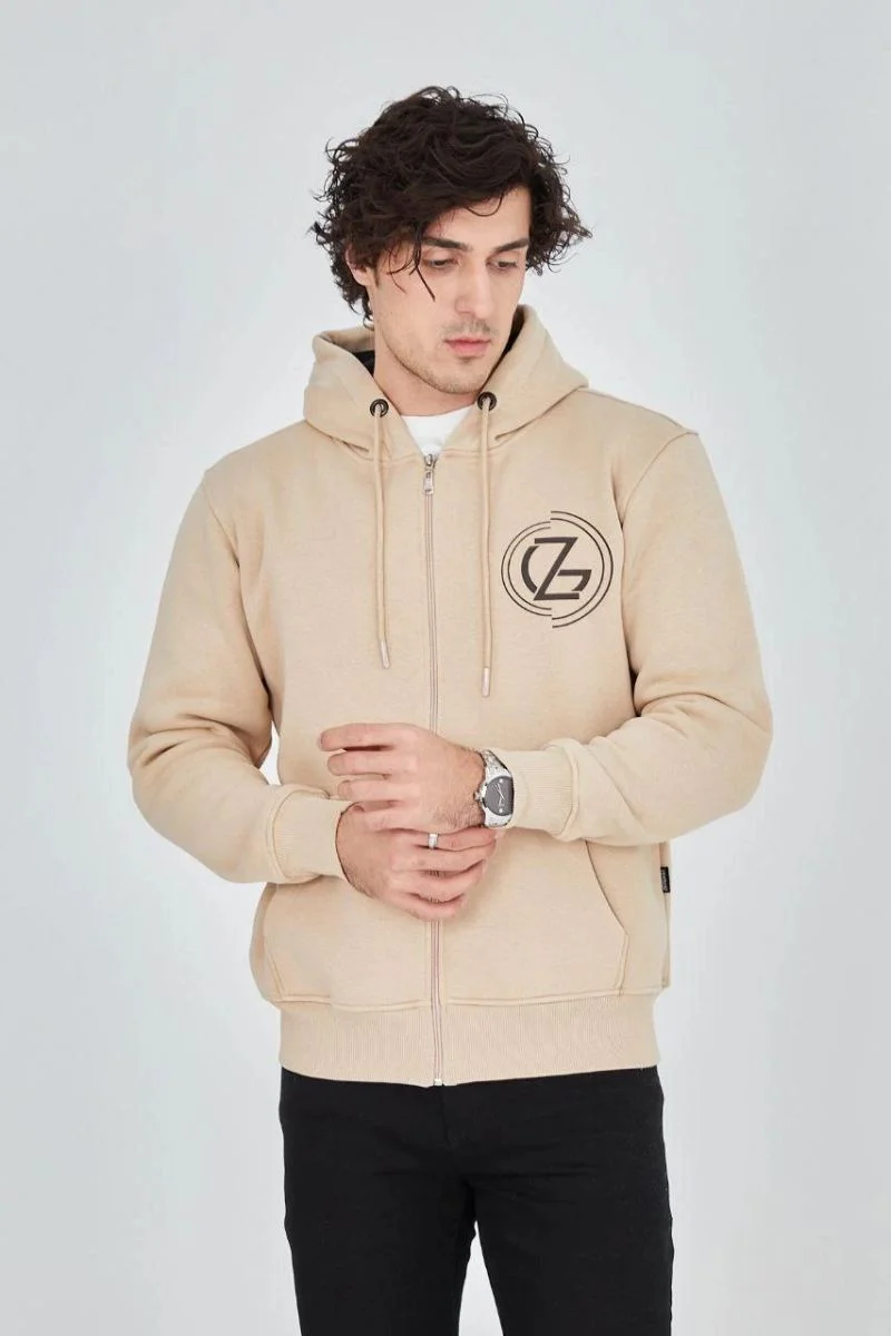 Erkek 3 İplik Pamuklu Fermuarlı Kapüşonlu Kanguru Cepli Baskılı Hoodie Hırka Sweatshirt - Bej