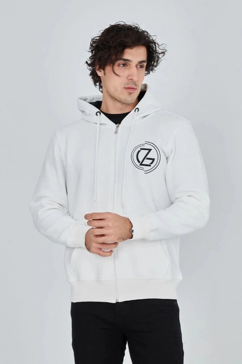 Erkek 3 İplik Pamuklu Fermuarlı Kapüşonlu Kanguru Cepli Baskılı Hoodie Hırka Sweatshirt - Beyaz