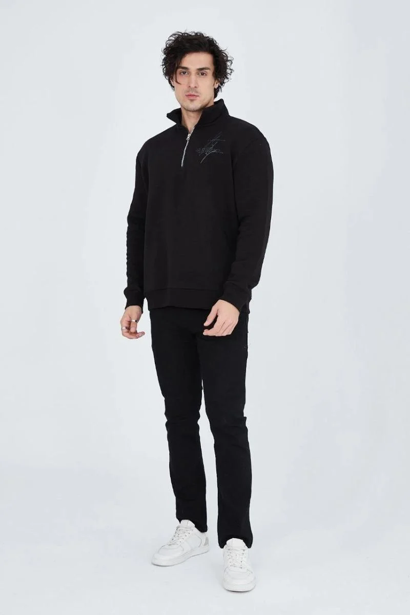 Erkek Yarım Fermuarlı Baskılı 3  iplik pamuklu sweatshirt - Siyah