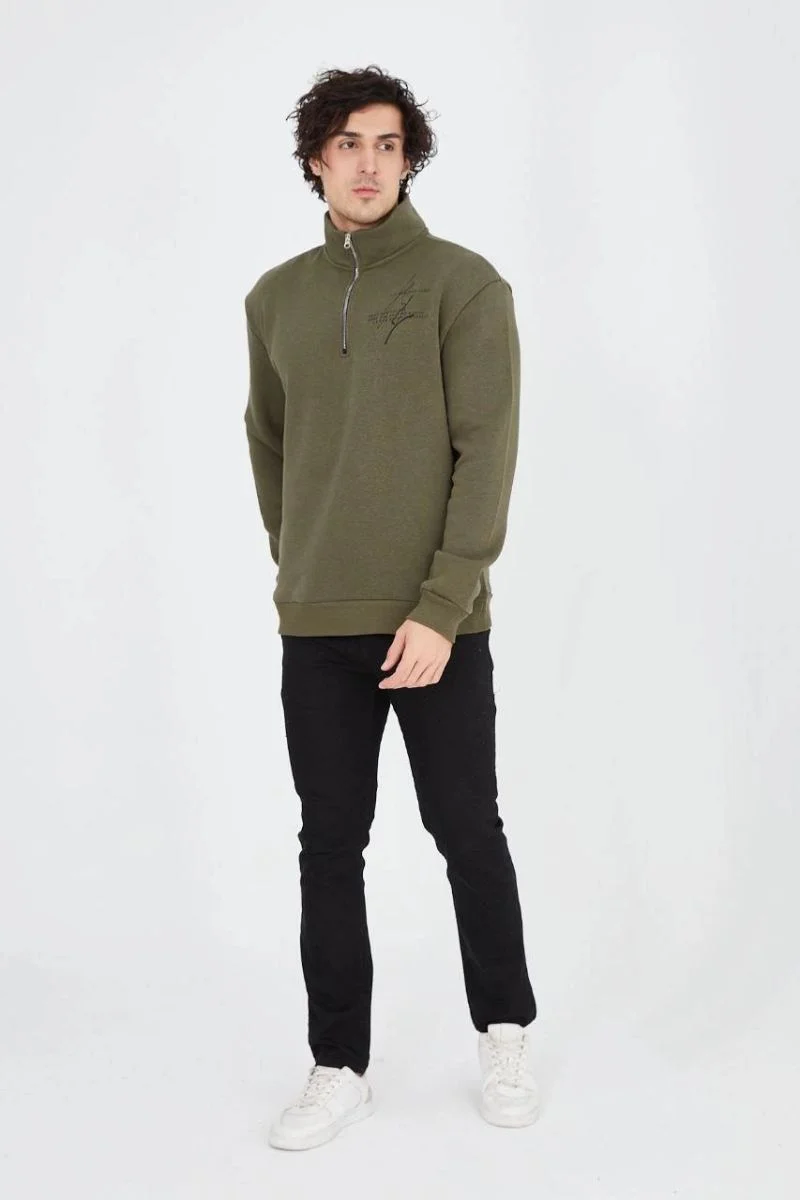 Erkek Yarım Fermuarlı Baskılı 3 iplik pamuklu sweatshirt - Yeşil