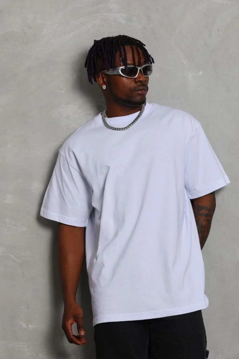Erkek Düz Yazlık Kısa Kol Tişört Bisiklet Yaka Oversize T-Shirt - Beyaz