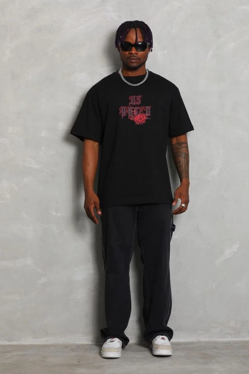 Erkek Baskılı Tişört Kısa Kol Bisiklet Yaka Oversize T-Shirt - Siyah