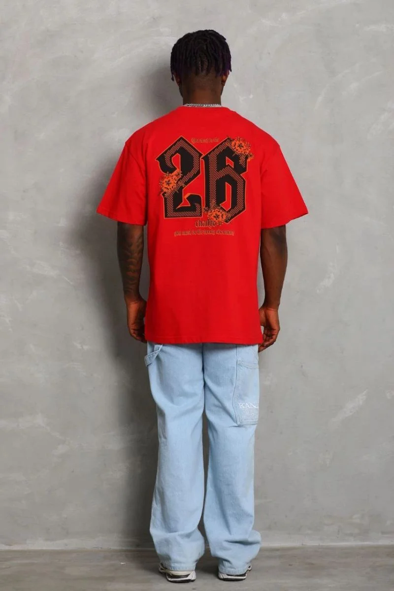 Erkek Baskılı Tişört Kısa Kol Bisiklet Yaka Oversize T-Shirt - Kırmızı