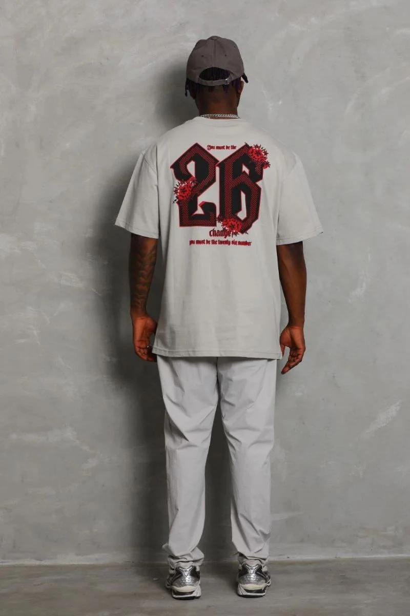 Erkek Kısa Kol Yazlık Tişört Bisiklet Yaka Baskılı Oversize T-Shirt - Gri