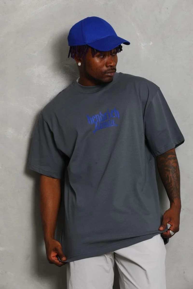 Erkek Baskılı Tişort Kısa Kol Bisiklet Yaka Oversize T-Shirt - Füme