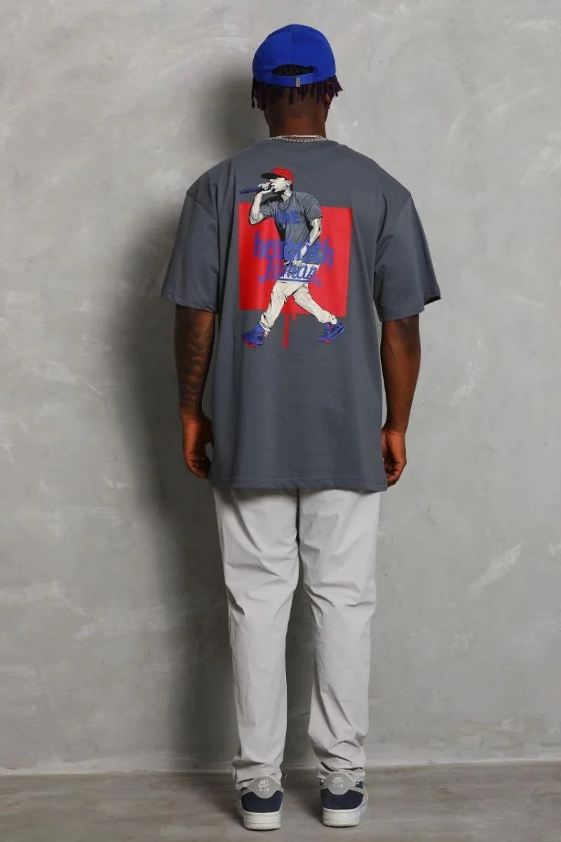 Erkek Baskılı Tişort Kısa Kol Bisiklet Yaka Oversize T-Shirt - Füme
