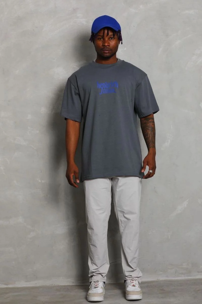 Erkek Baskılı Tişort Kısa Kol Bisiklet Yaka Oversize T-Shirt - Füme