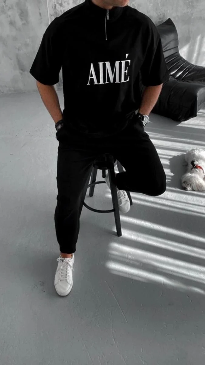 ERKEK Tişört Yakalı Yarım Fermuarlı  Kısa Kol Baskılı T-Shirt - Siyah