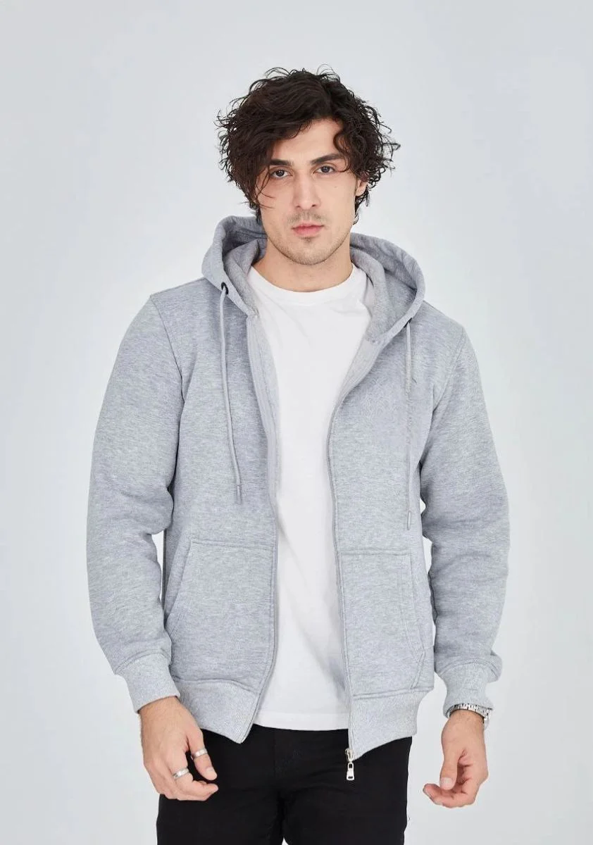 Erkek 3 İplik Pamuklu Kapüşonlu Tam Fermuarlı Cepli Hoodie Sweatshirt - Gri
