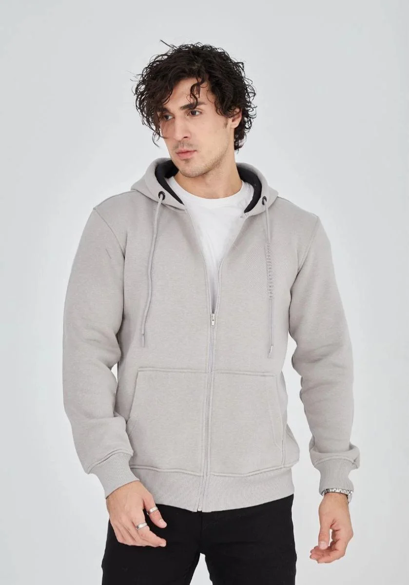 Erkek 3 İplik Pamuklu Kapüşonlu Tam Fermuarlı Cepli Hoodie Sweatshirt - Boyalı Gri