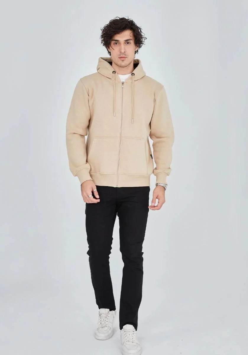 Erkek 3 İplik Pamuklu Kapüşonlu Tam Fermuarlı Cepli Hoodie Sweatshirt - Bej