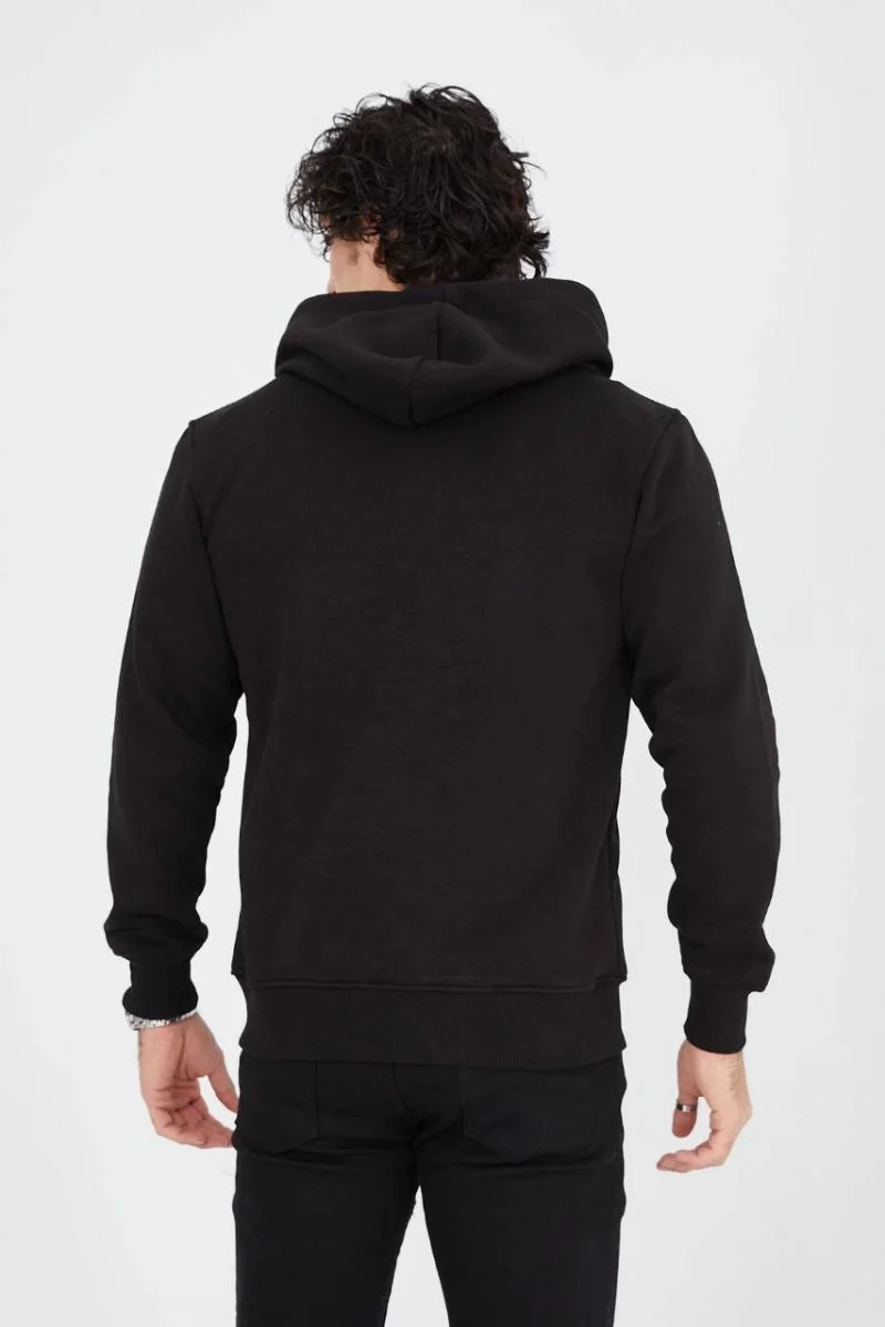 Erkek 3 İplik Pamuklu Kapüşonlu Tam Fermuarlı Cepli Hoodie Sweatshirt - Siyah