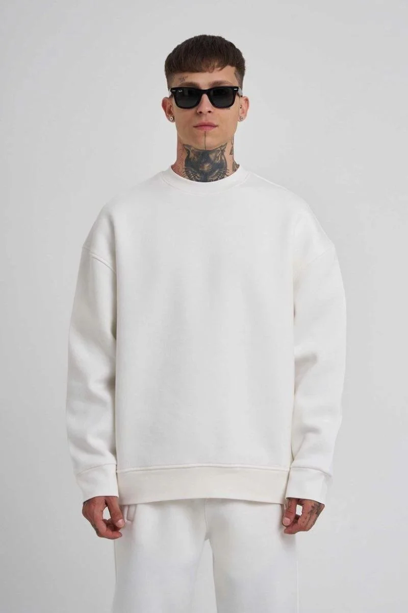 ERKEK Bisikilet Yaka 3 plik Pamuklu SweatShirt - Beyaz