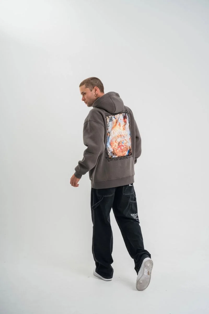 Erkek 3 İplik Kapüşonlu Hoodie Dijital Patchli SweatShirt - Füme