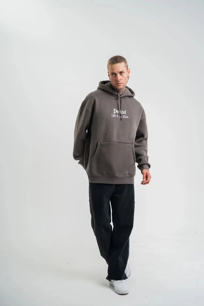 Erkek 3 İplik Kapüşonlu Hoodie Dijital Patchli SweatShirt - Füme