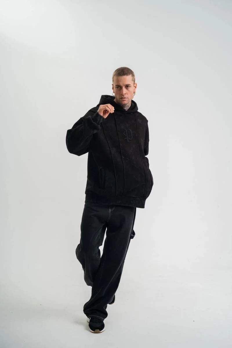 ERKEK 3 iplik Pamuklu Kapüşonlu Yıkamalı Nakışlı Hoodie SweatShirt - Siyah