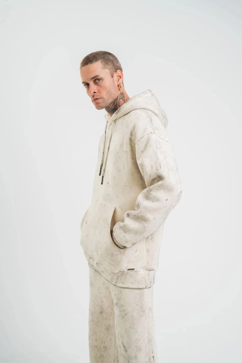 ERKEK  3 iplik Pamuklu Oversize Kapşonlu Yıkamalı SweatShirt Hoodie - Krem