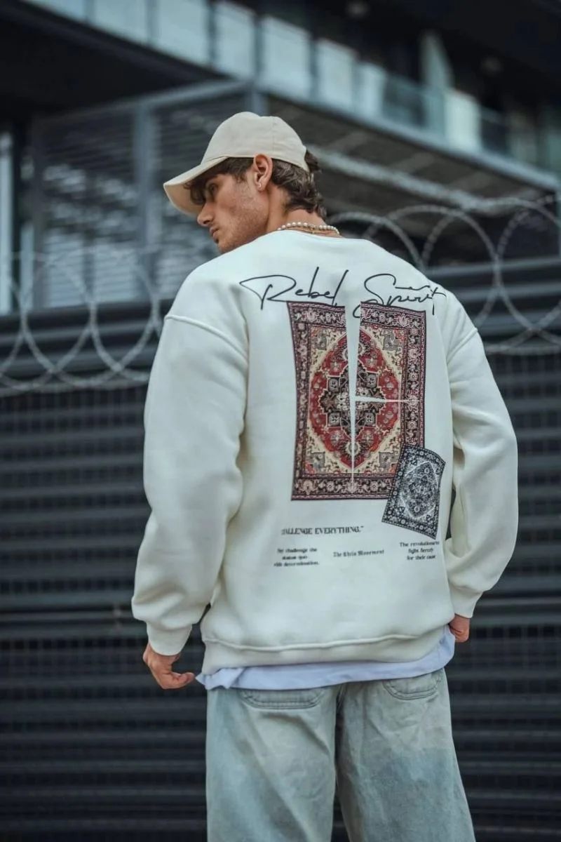 Erkek 3 iplik Pamuklu Bisiklet Yaka Baskılı SweatShirt - Beyaz