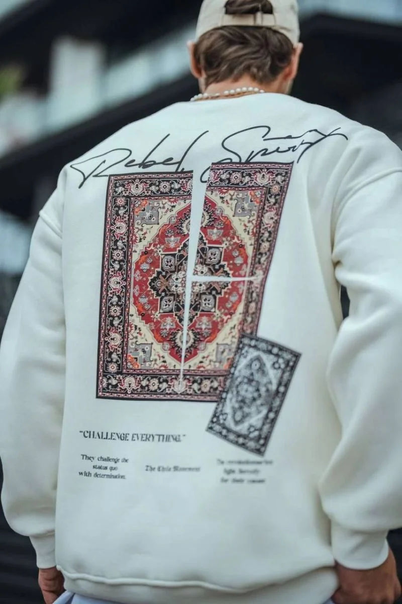 Erkek 3 iplik Pamuklu Bisiklet Yaka Baskılı SweatShirt - Beyaz